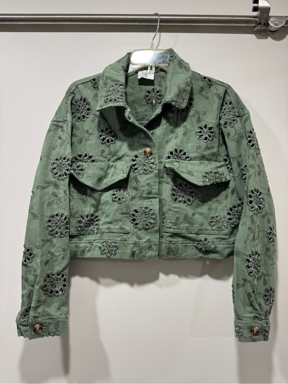 Altar'd State Olive Green Embroidered Cropped Jean Jacket